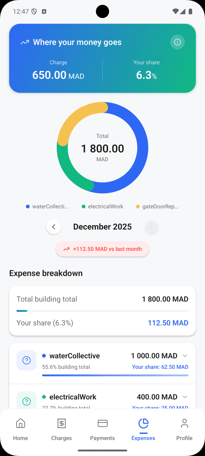 Application mobile Kassaba affichant la répartition des dépenses par catégorie