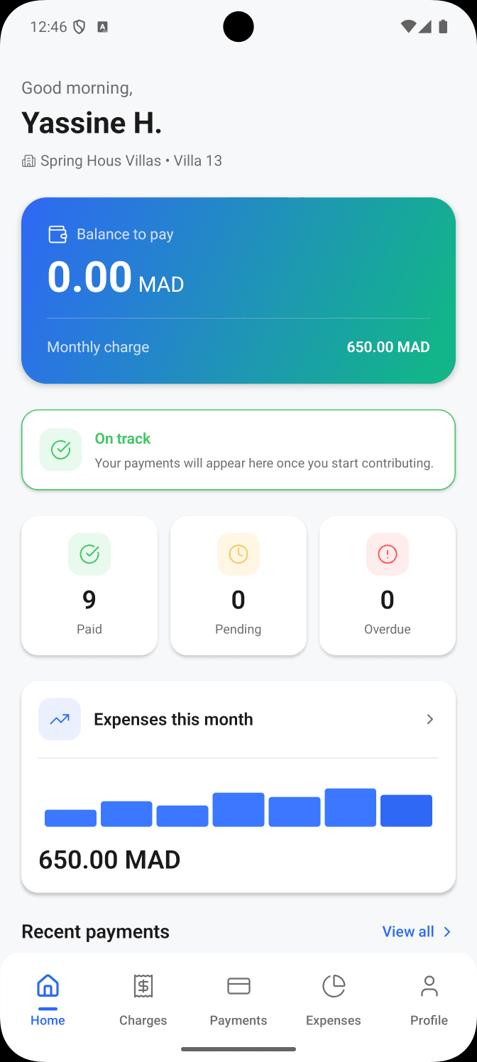 Kassaba mobile app home screen showing balance and payment status