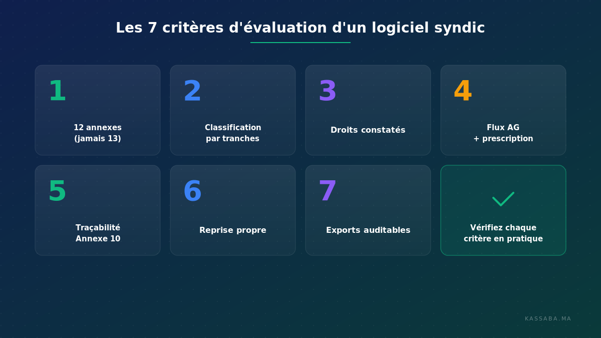 Les 7 critères d'évaluation d'un logiciel syndic au Maroc, affichés sous forme de cartes numérotées avec leurs articles d'ancrage légal