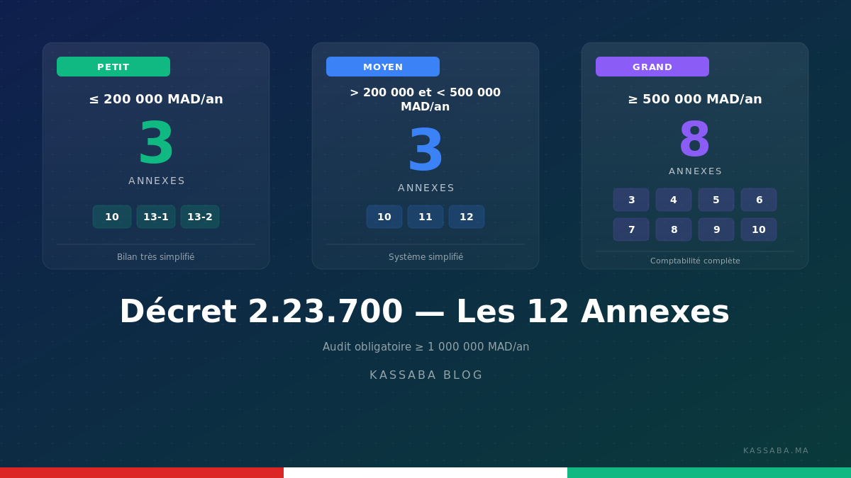 Les 12 annexes réglementaires du Décret 2.23.700, regroupées par tranche (Petite, Moyenne, Grande)
