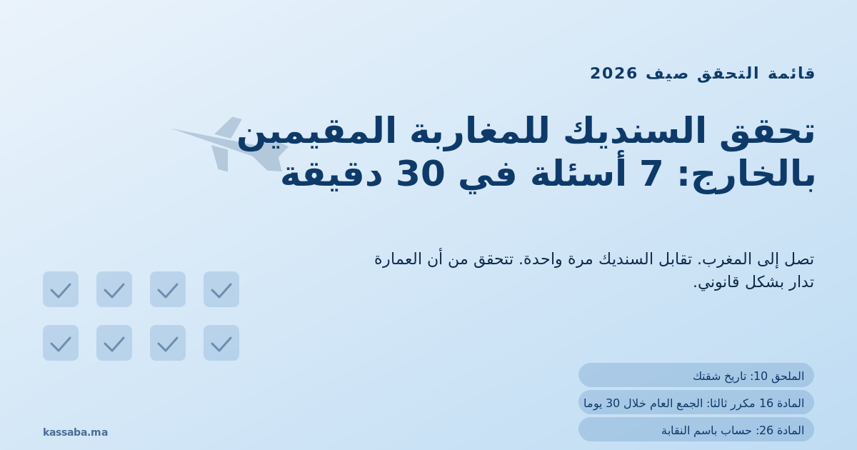حقيبة وطائرة وقائمة من 7 نقاط ترمز إلى مالك مغربي مقيم بالخارج يتحقق من السنديك خلال زيارة صيفية