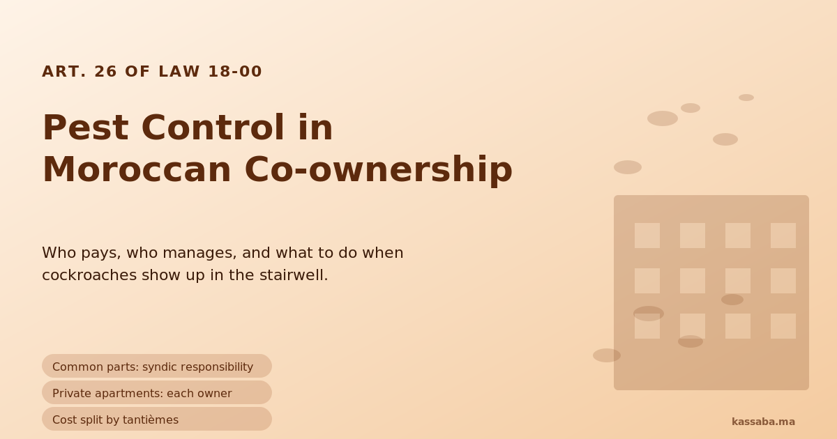Moroccan apartment building with insect silhouettes and a checklist representing syndic pest control responsibility