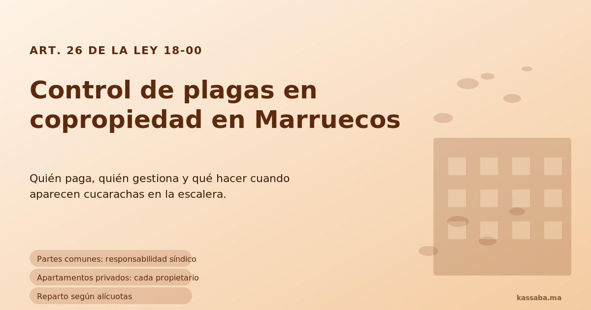 Edificio marroquí con siluetas de insectos y checklist de responsabilidad del síndico