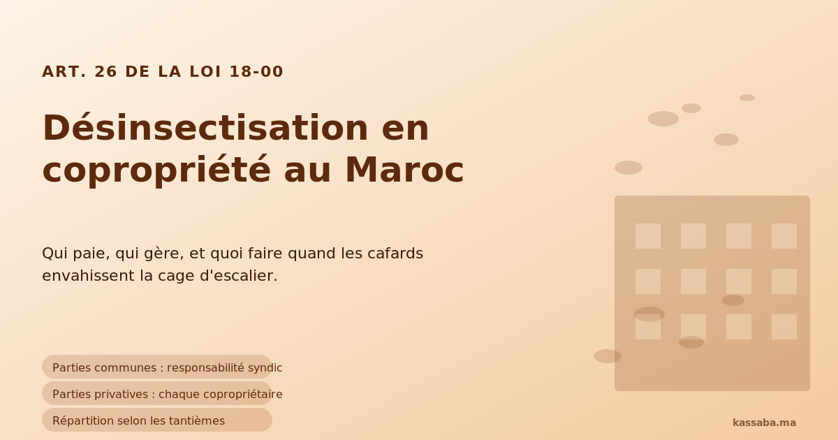 Immeuble marocain avec silhouettes d'insectes et checklist représentant la responsabilité du syndic en désinsectisation