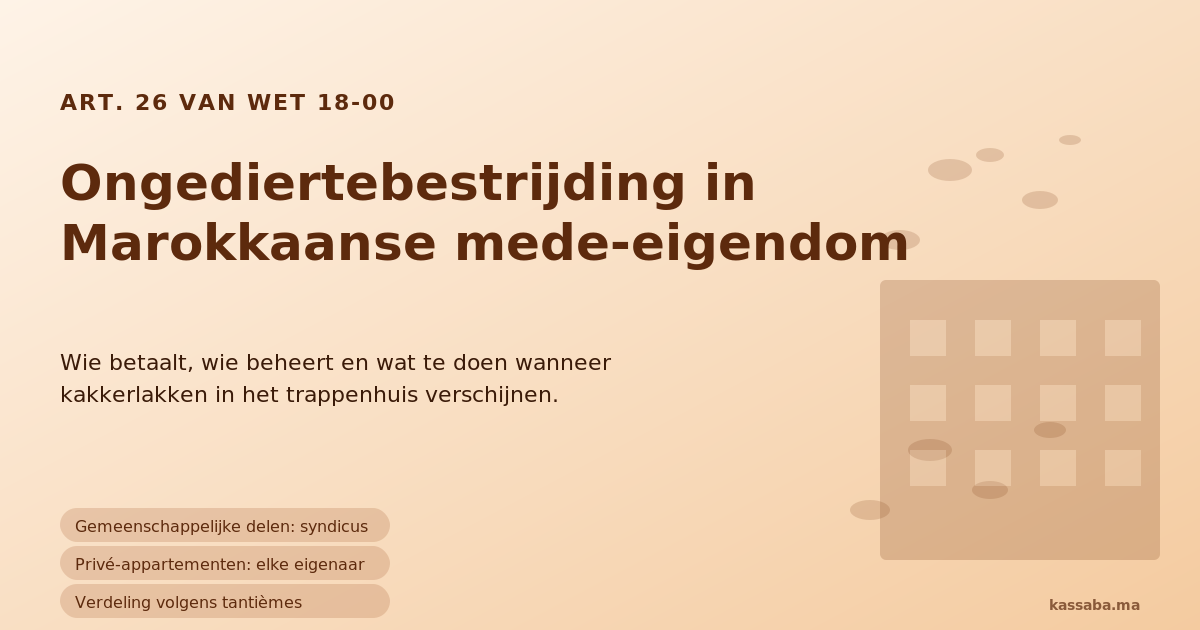 Marokkaans appartementsgebouw met insecten en checklist voor verantwoordelijkheid van de syndicus