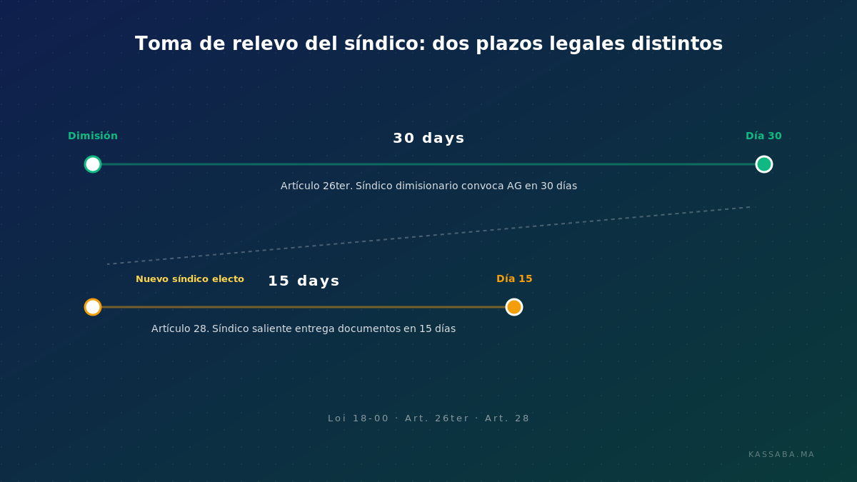 Línea de tiempo de dos pistas mostrando el Artículo 26ter (plazo de 30 días para convocar AG) y el Artículo 28 (plazo de 15 días para entregar documentos)