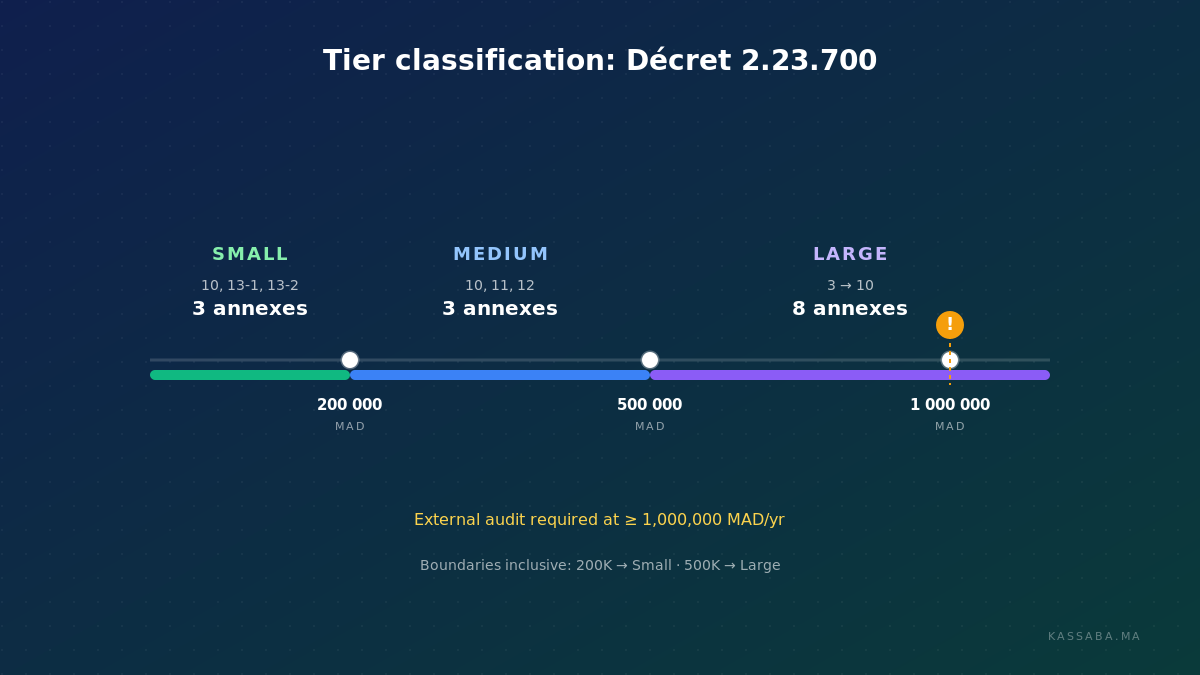 Tier classification axis showing the 200K, 500K, and 1M MAD boundaries with inclusion logic and the external audit marker