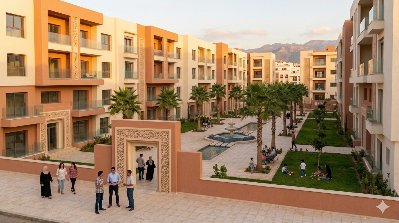 Modern wooncomplex in Marokko met binnenplaats, palmbomen en hedendaagse architectuur