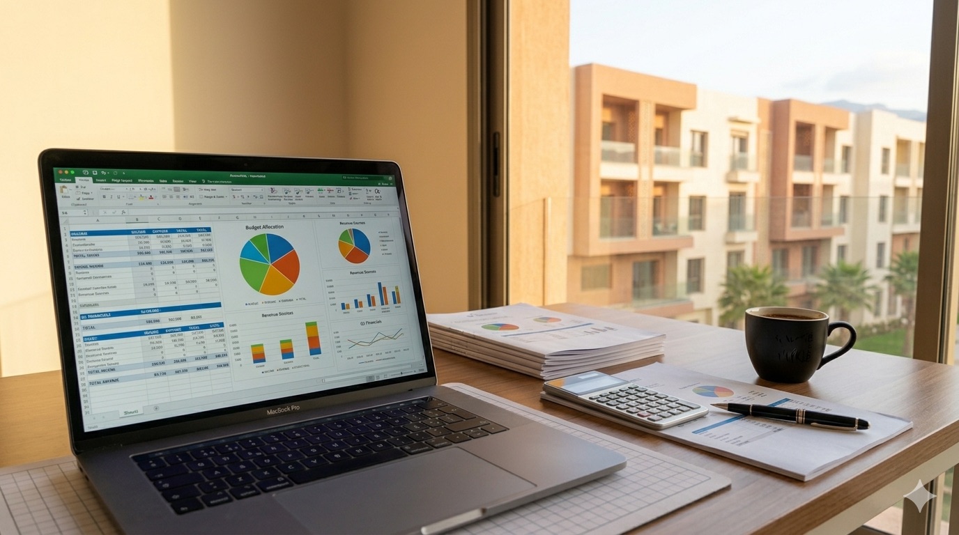 Comptabilité de syndic au Maroc : ordinateur avec tableaux financiers, rapports et calculatrice