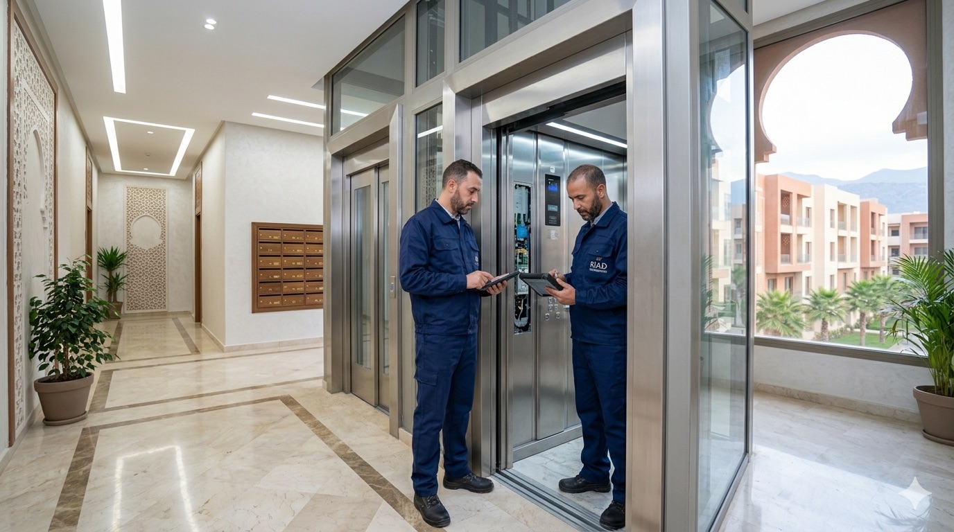 Techniciens de maintenance inspectant un ascenseur moderne dans le hall d'une résidence marocaine