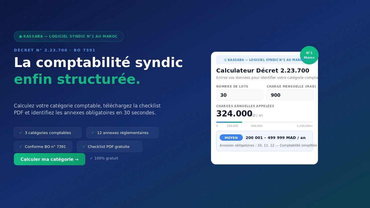 Calculateur Décret 2.23.700 : identifiez votre catégorie comptable (Petit, Moyen ou Grand) et les annexes obligatoires selon le BO n° 7391